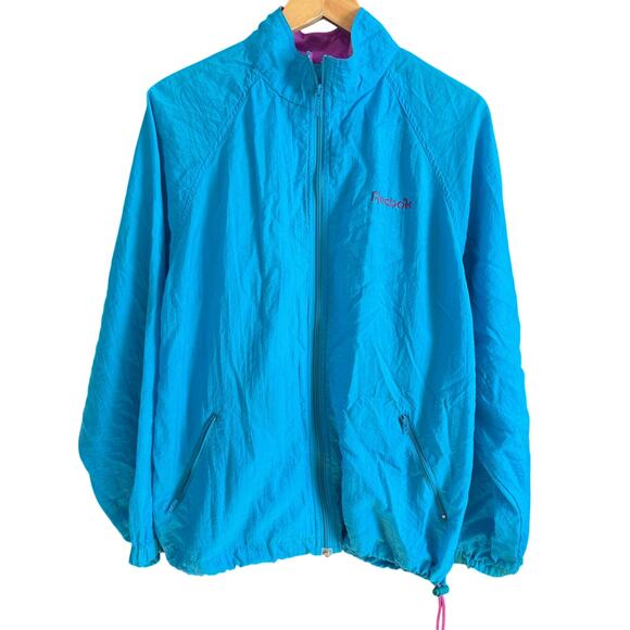 90s Vintage REEBOK | Turquoise Blue Windbreaker Jacket with Packable Hood Medium - Picture 1 of 6